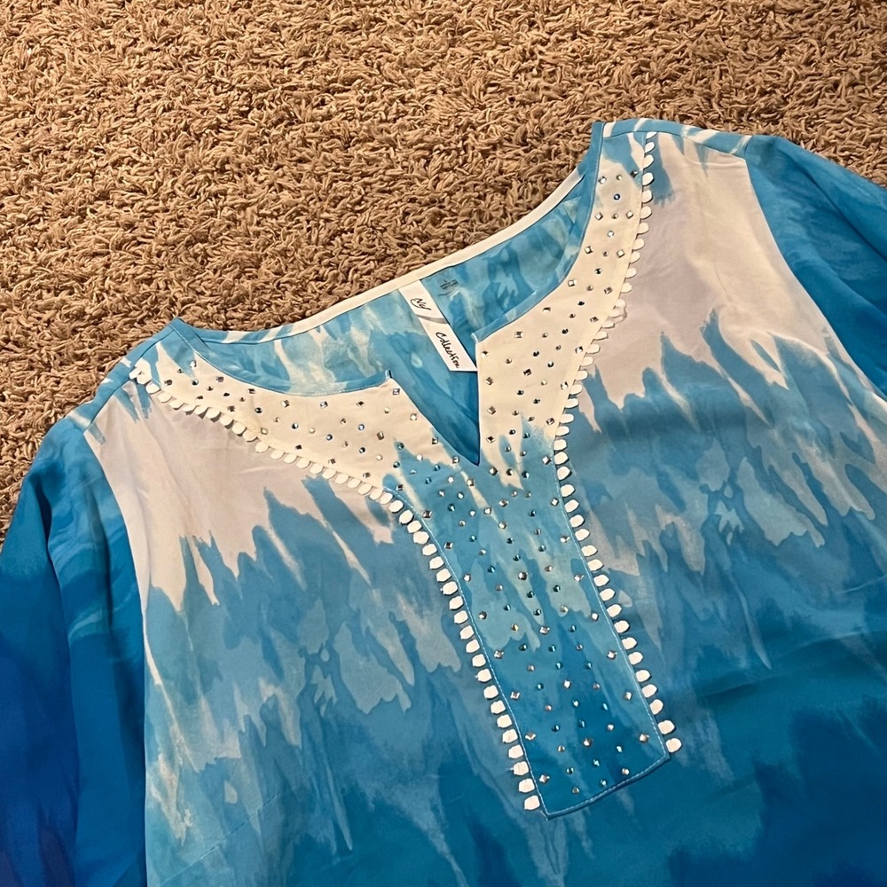 NY Collection Blue White Tie Dye Ombre Rhinestone Split Neck Bell Sleeve Top L